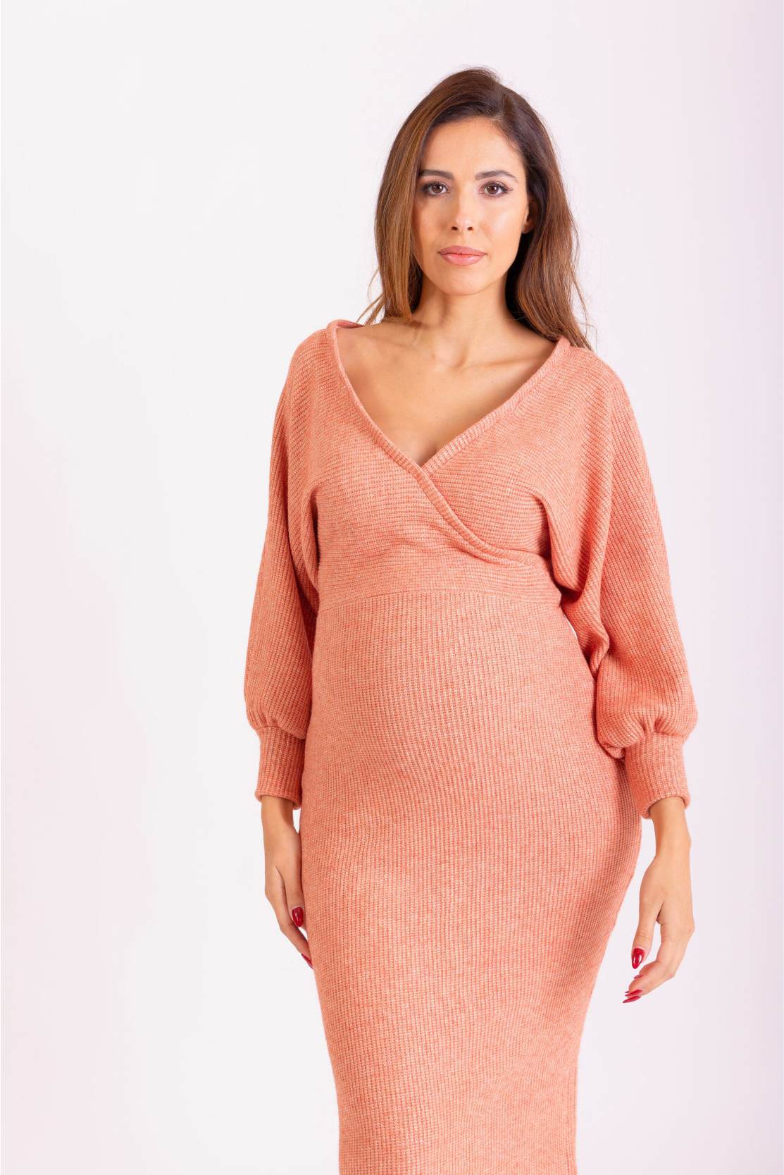 Chunky Knit Wrap Maternity & Breastfeeding Dress in Peach Sparkle