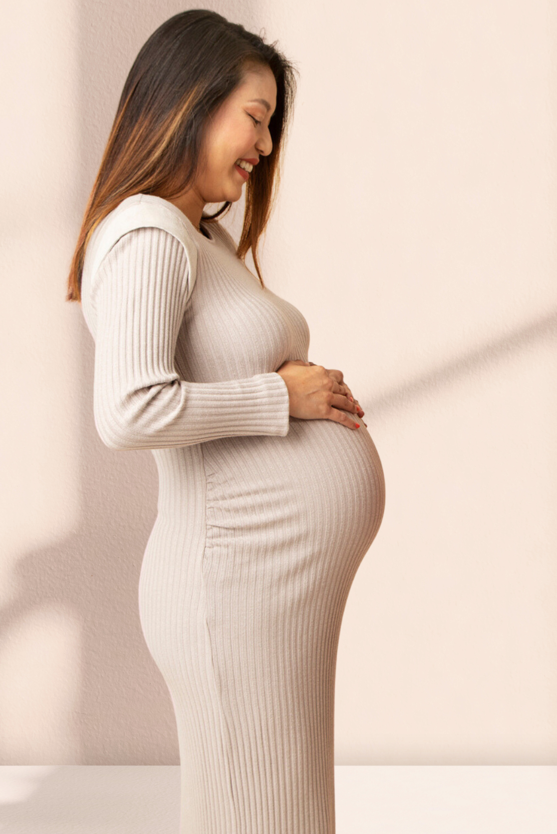 Rib Knitted Maternity Dress with Shoulder Detail, Beige
