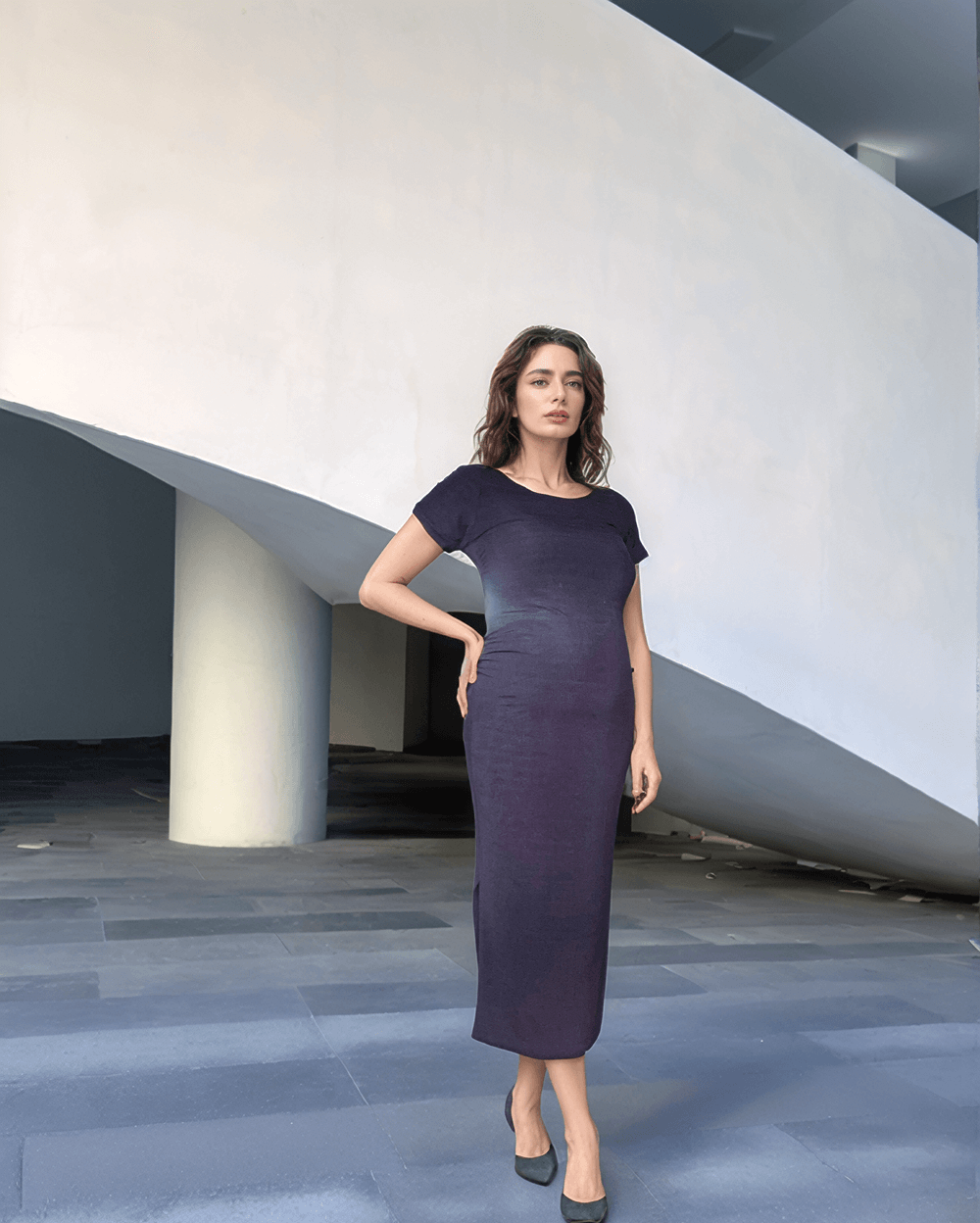 Navy Ribbed Maternity Dress