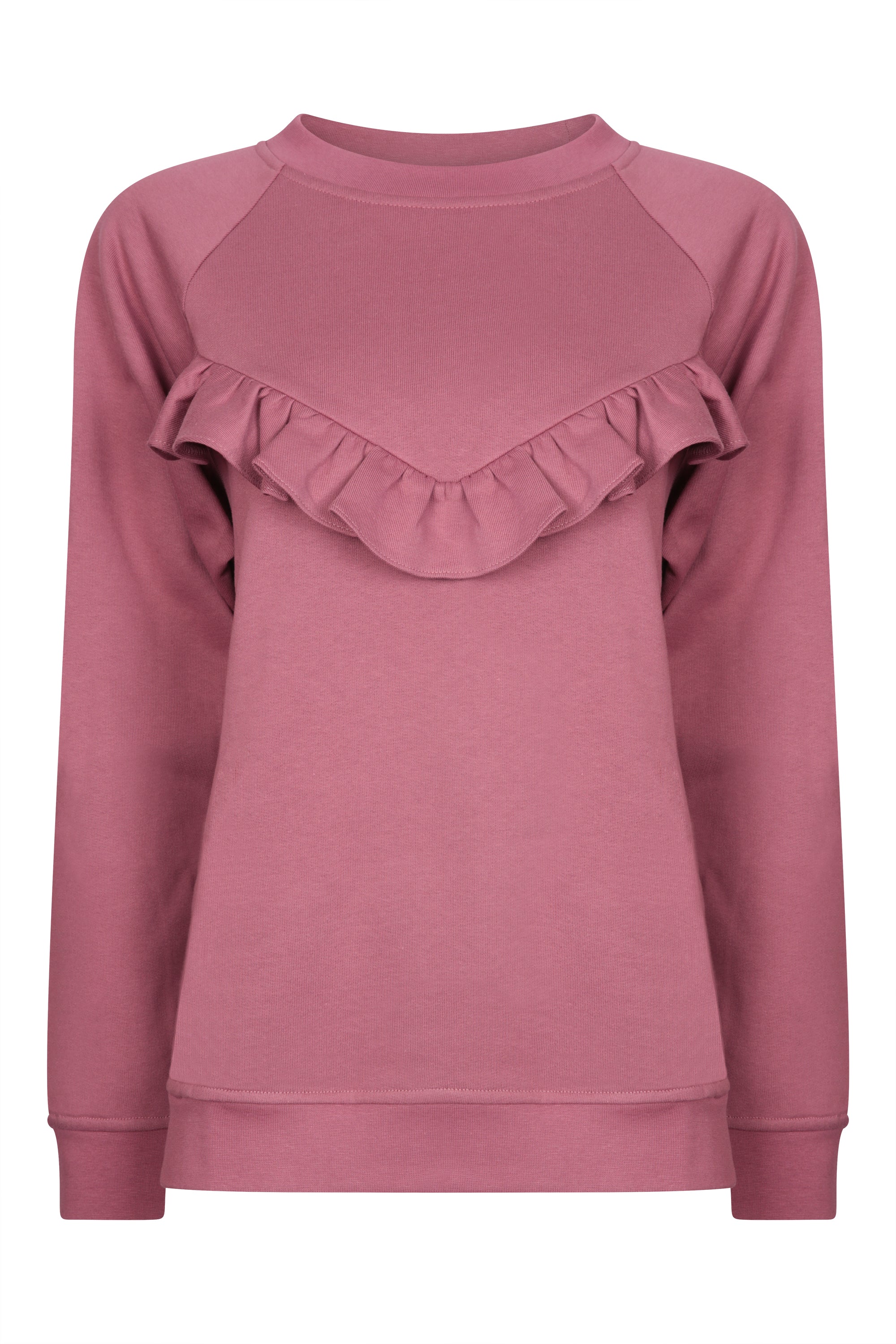 Breastfeeding Sweatshirt in Rose. Fashion meets functionality with this beautiful feminine style breastfeeding sweatshirt for new mums. Organic cotton soft against both yours and baby's skin. Concealed zips under the ruffle, open for perfect feeding access for your baby.