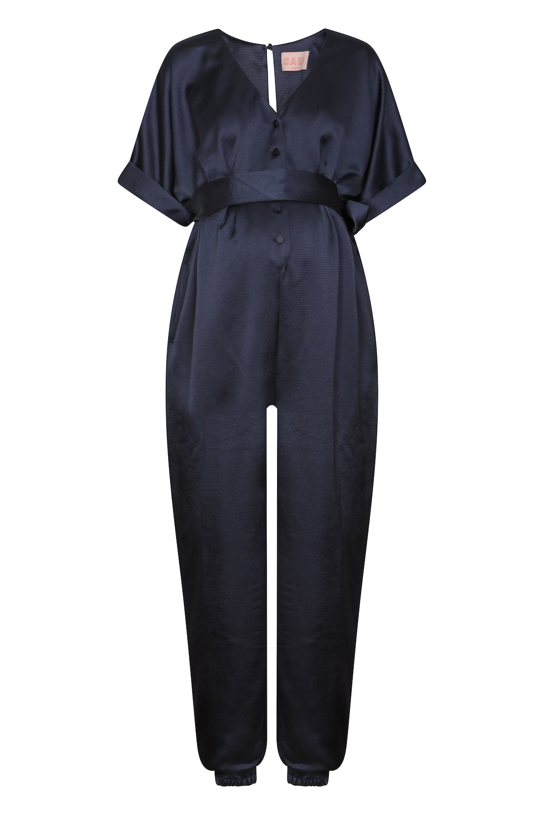 Harem-style maternity and breastfeeding jumpsuit for dressed-up occasions that will take you from day-to-night and bump-to-baby and beyond. An elevated take on the maternity jumpsuit that is so easy-to-wear for bumps, breastfeeding and afterwards. The v-neck and buttons offer a breastfeeding-friendly jumpsuit option, while the loose fit and cuffed trousers is so flattering post-pregnancy.