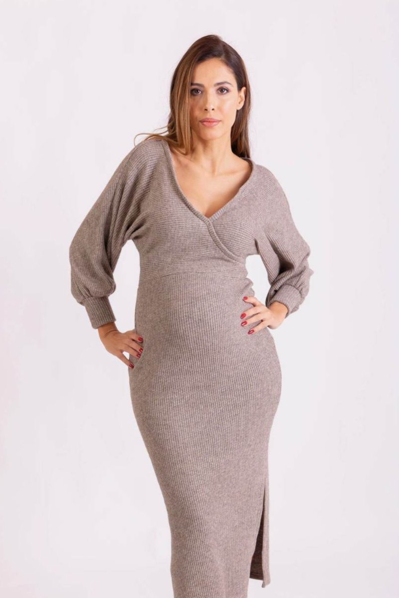 Chunky Knit Wrap Maternity & Breastfeeding Dress in Mocha Sparkle