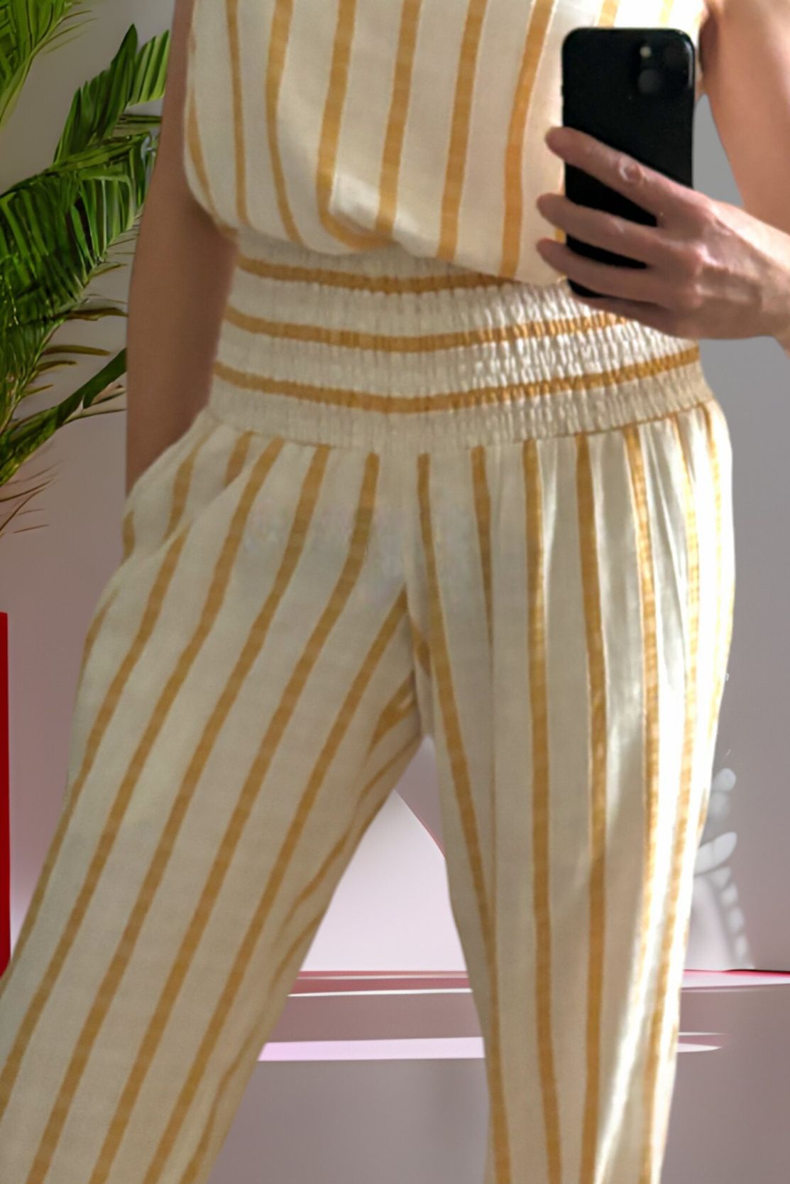 Ochre Stripes Shirred Trousers