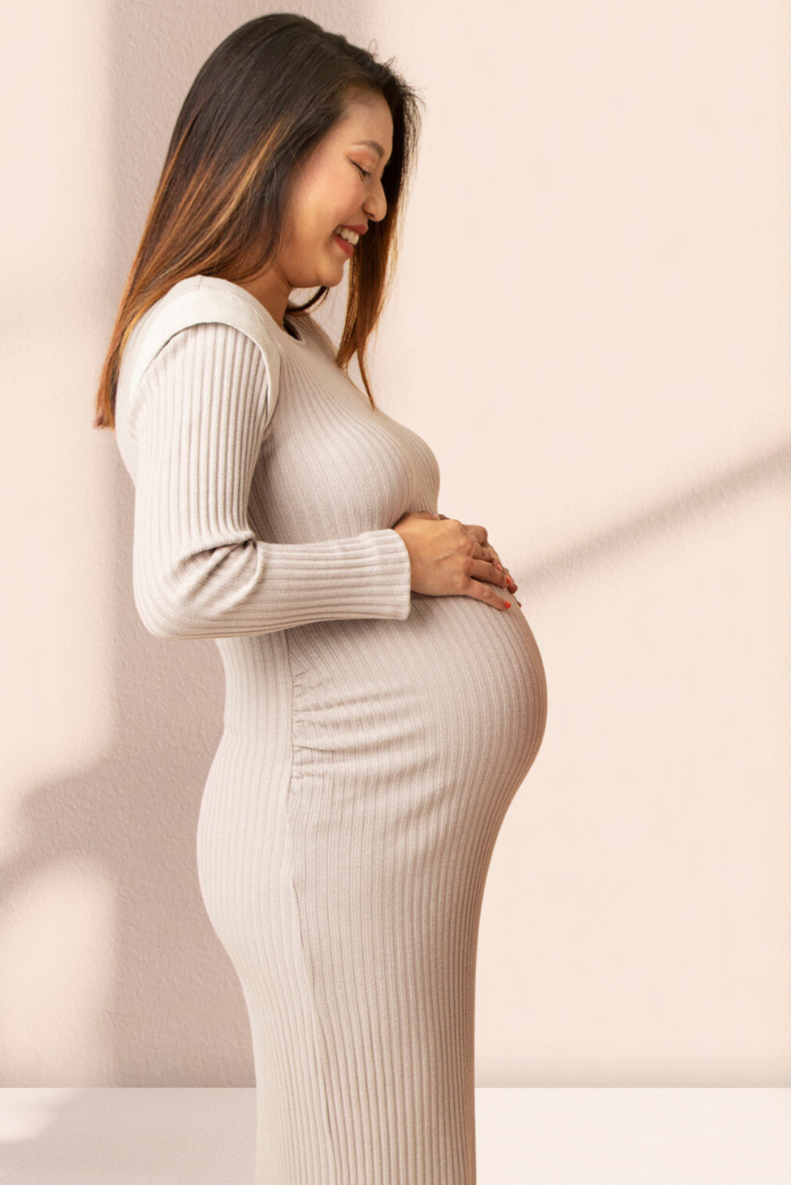 Ribbed maternity dress with shoulder detail, beige