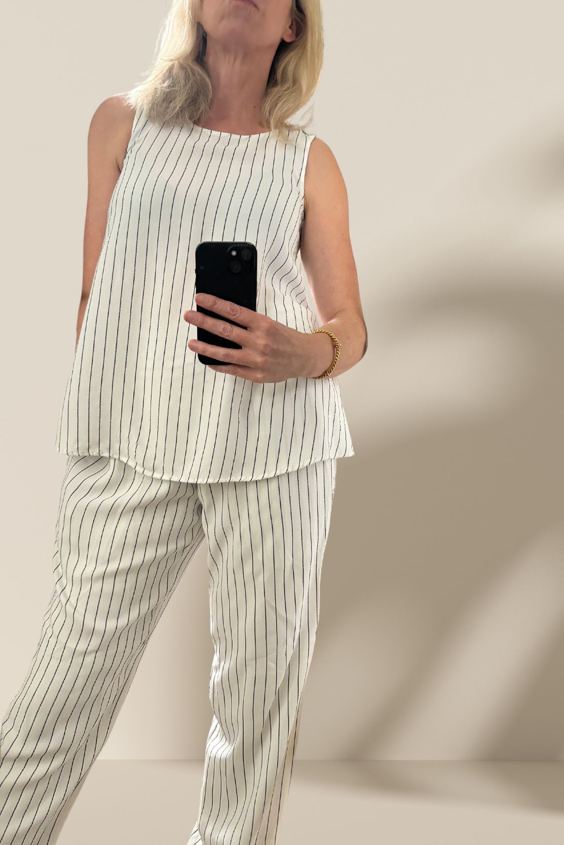 White & Black Pinstripes Shirred Trousers