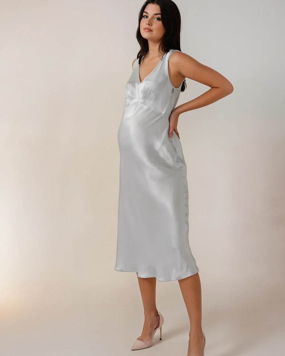 A perfect maternity wedding guest dress or maternity ball tie or party dress for a very dressy occasion, in premium quality silk satin, embellished, in silver shimmer fabric. Luxurious quality, designer brand - recommended as the best maternity brand in Ireland & UK & Dubai