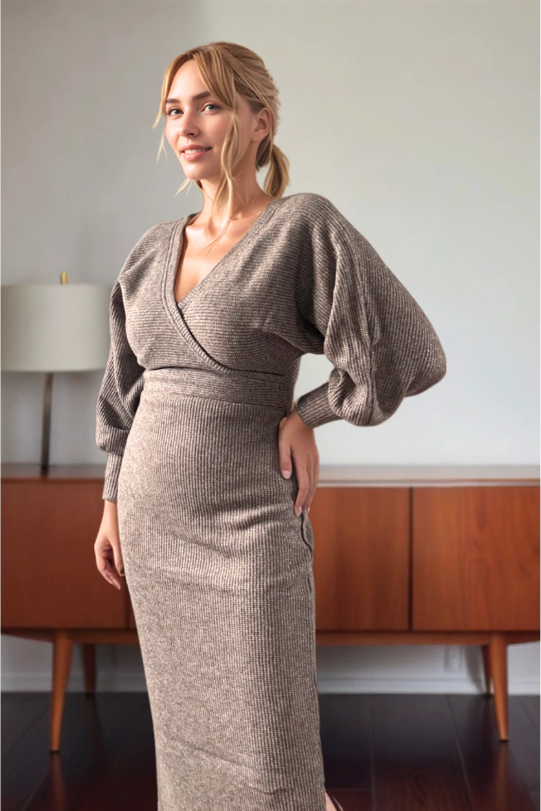 Chunky Knitted Maternity & Breastfeeding Wrap Dress in Mocha Sparkle