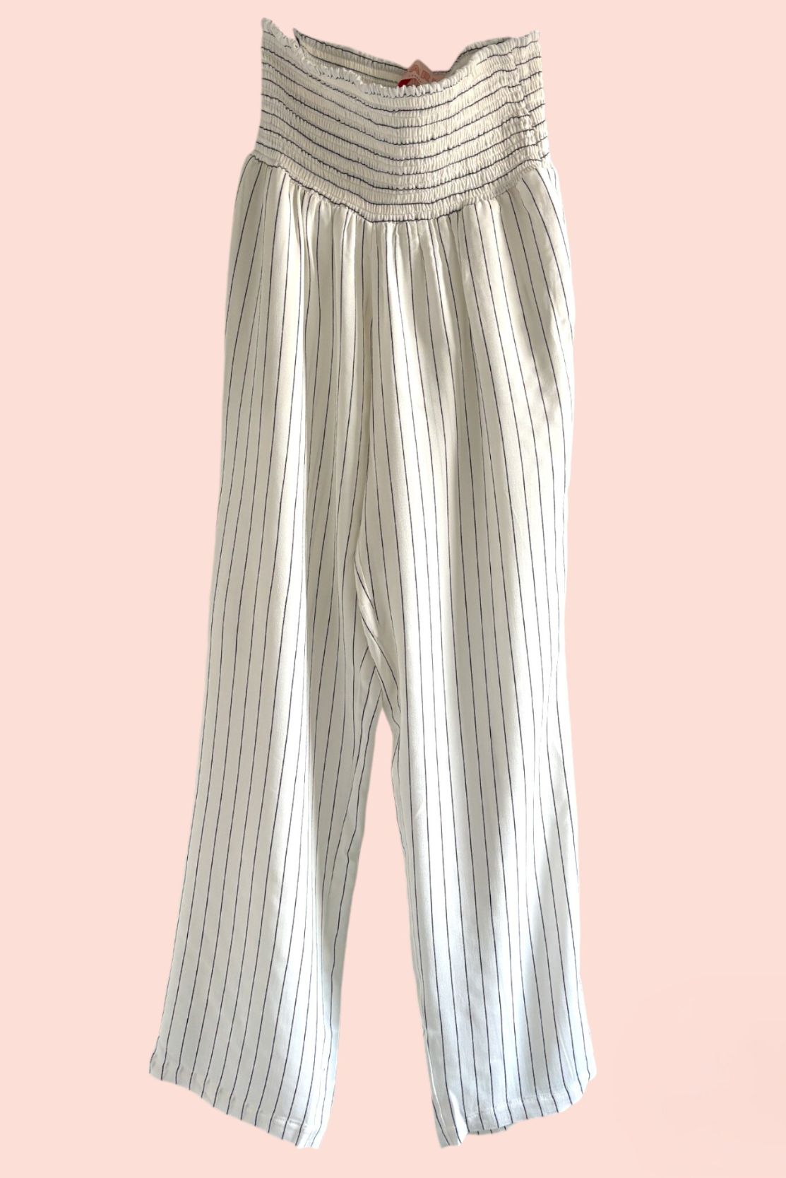 White & Black Pinstripes Shirred Trousers