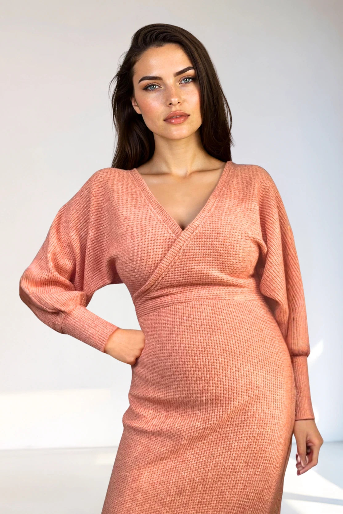 CARI contemporary maternity and nursing dress in wrap knit style – cool, modern winter style for new mothers 